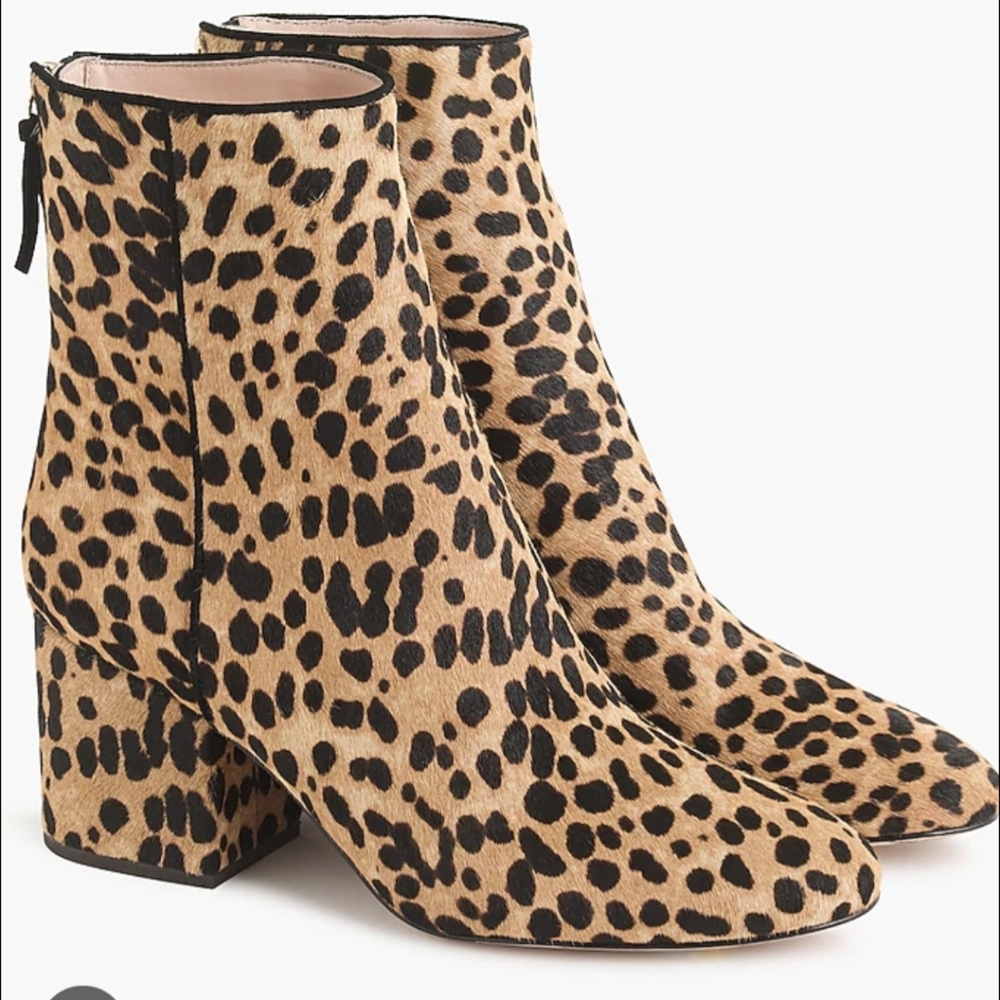 J Crew Sadie Leopard Calf Hair Leather Ankle Boots Size 8